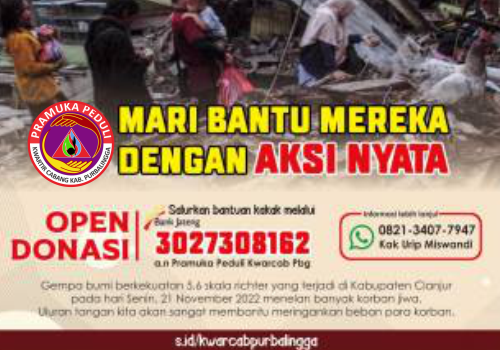 Peduli Gempa bumi Cianjur, Kwarcab Purbalingga Ajak Anggota Pramuka Berdonasi